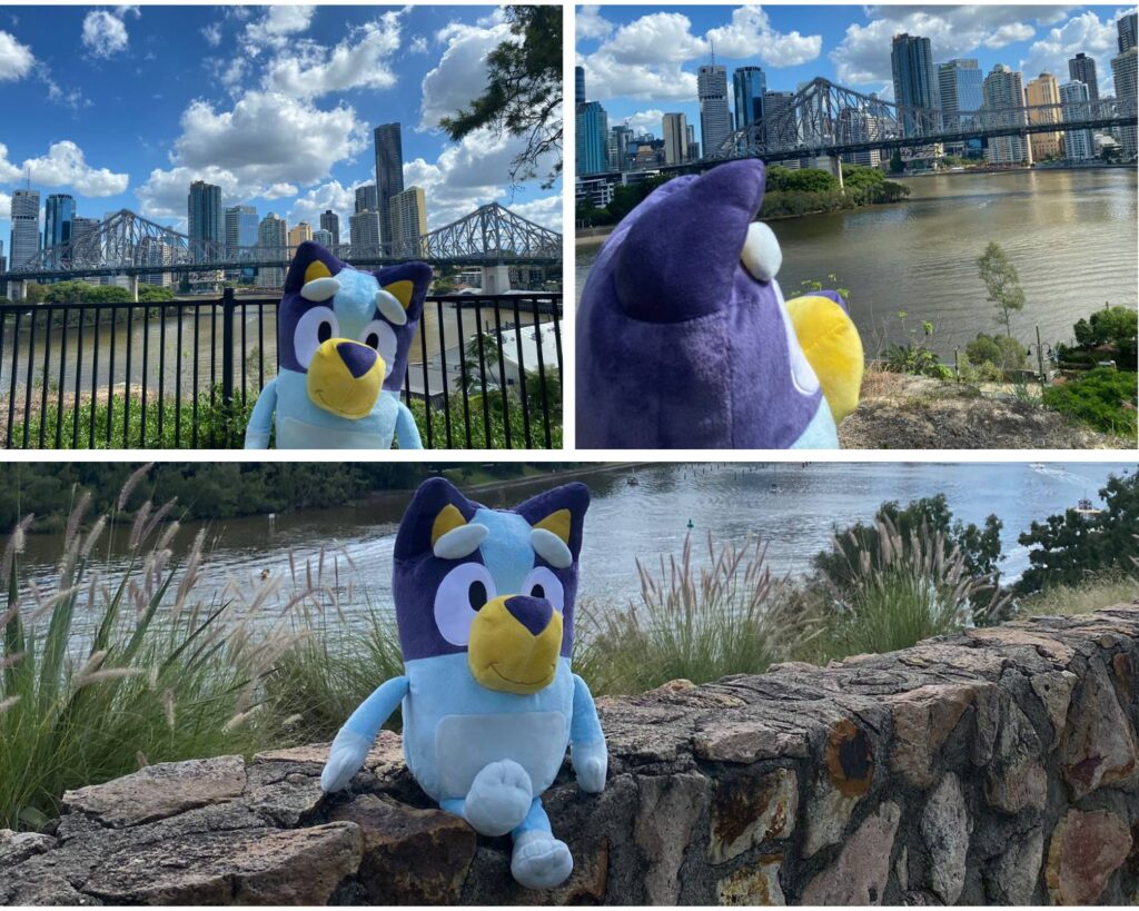 Photos of Bluey in front of Brisbane's Story Bridge